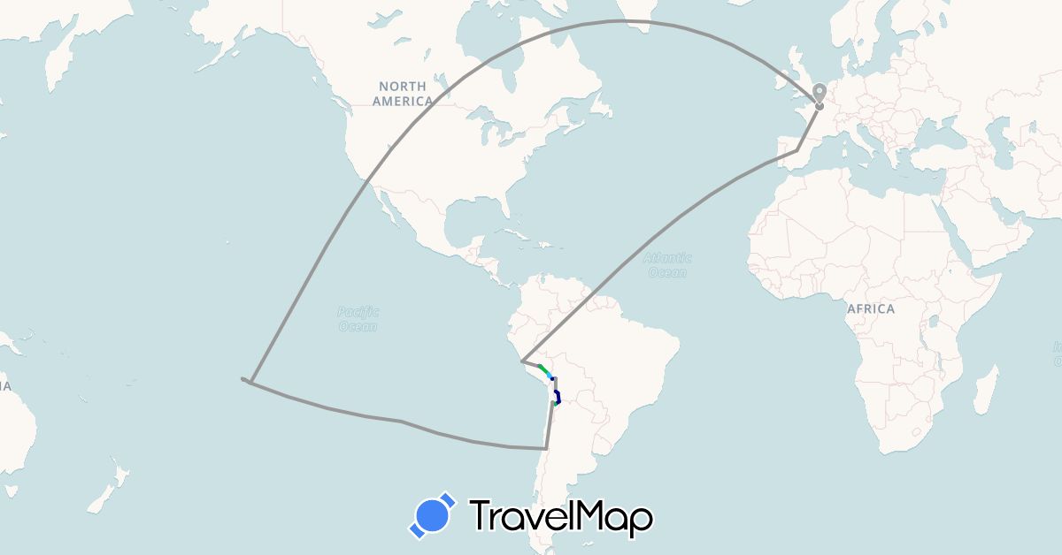 TravelMap itinerary: driving, bus, plane, train, hiking, boat in Bolivia, Chile, Spain, France, Peru, French Polynesia, United States (Europe, North America, Oceania, South America)